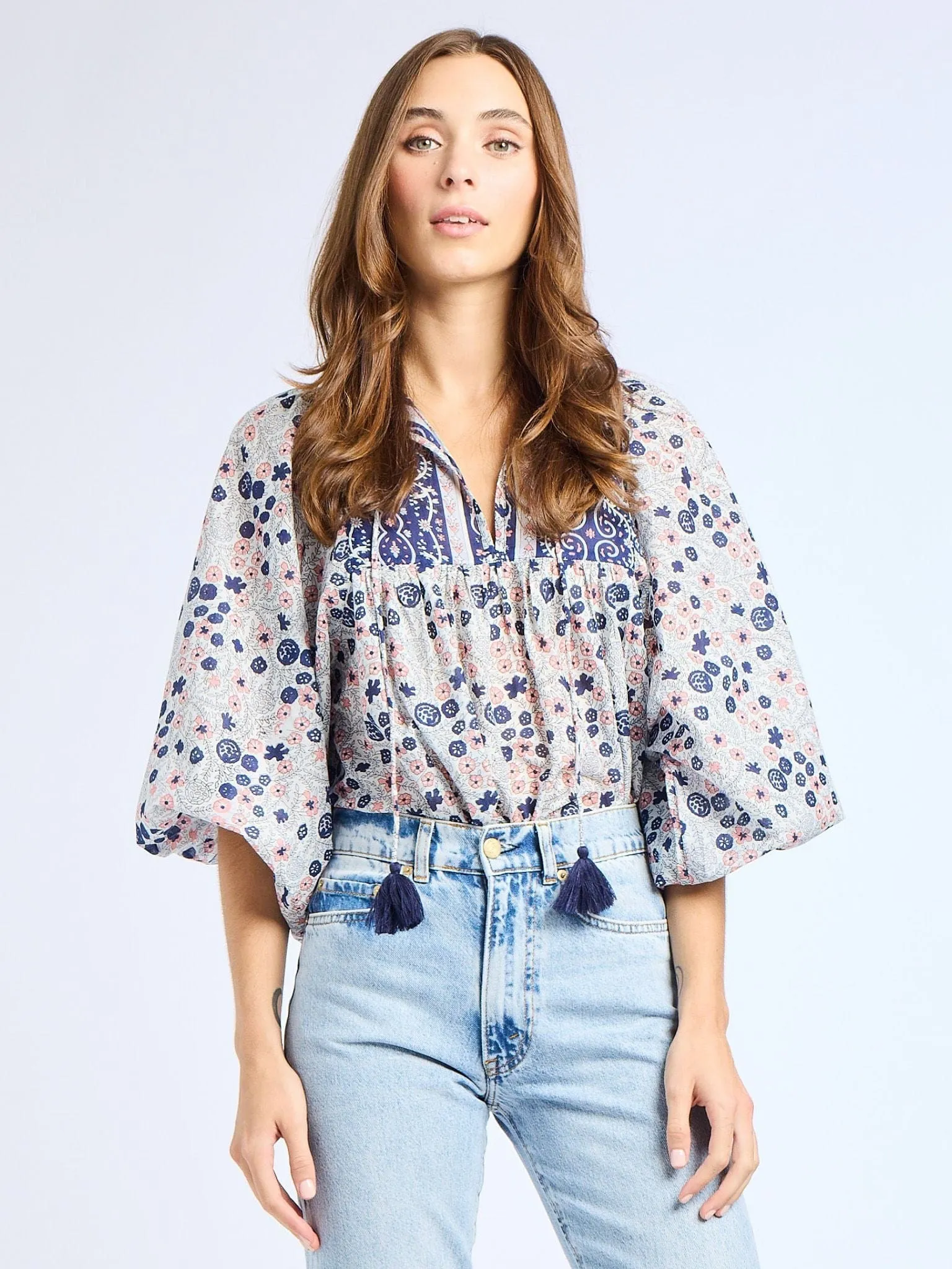 Charlie Top in Navy Floral Two Tone Weave