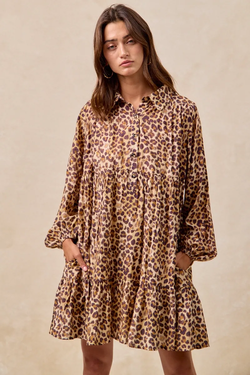 Soft Structure Snag Proof Fabric ID2029G-10 | LEOPARD PRINT SHIRRING BUTTONED TIERED SHIRT DRESS