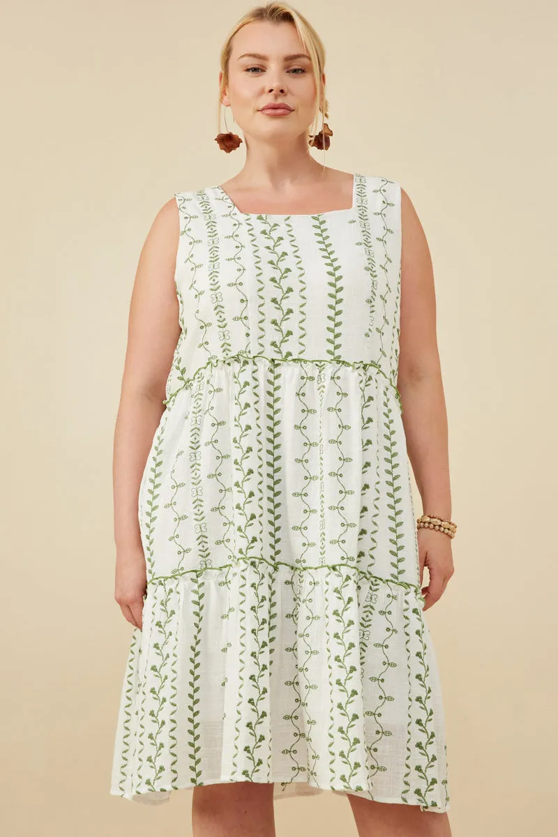 Everyday Flow Contemporary Vibe Botanical Embroidered Ruffle Tiered Tank Dress