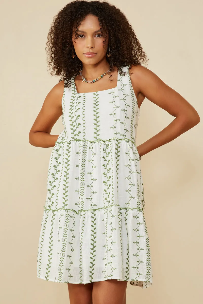 Semi Fit Noble Aura Botanical Embroidered Ruffle Tiered Tank Dress