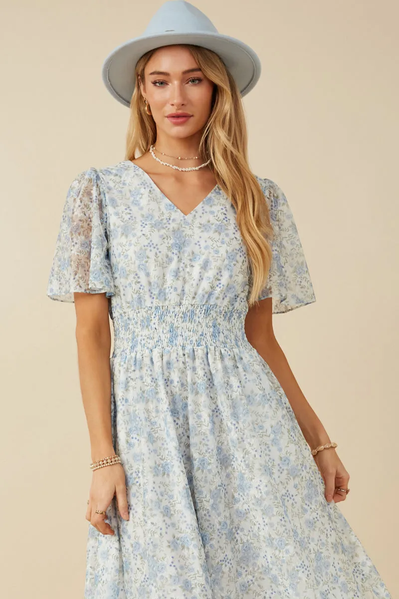 Spring-Season Foiled Mesh Antique Floral Smocked Dress