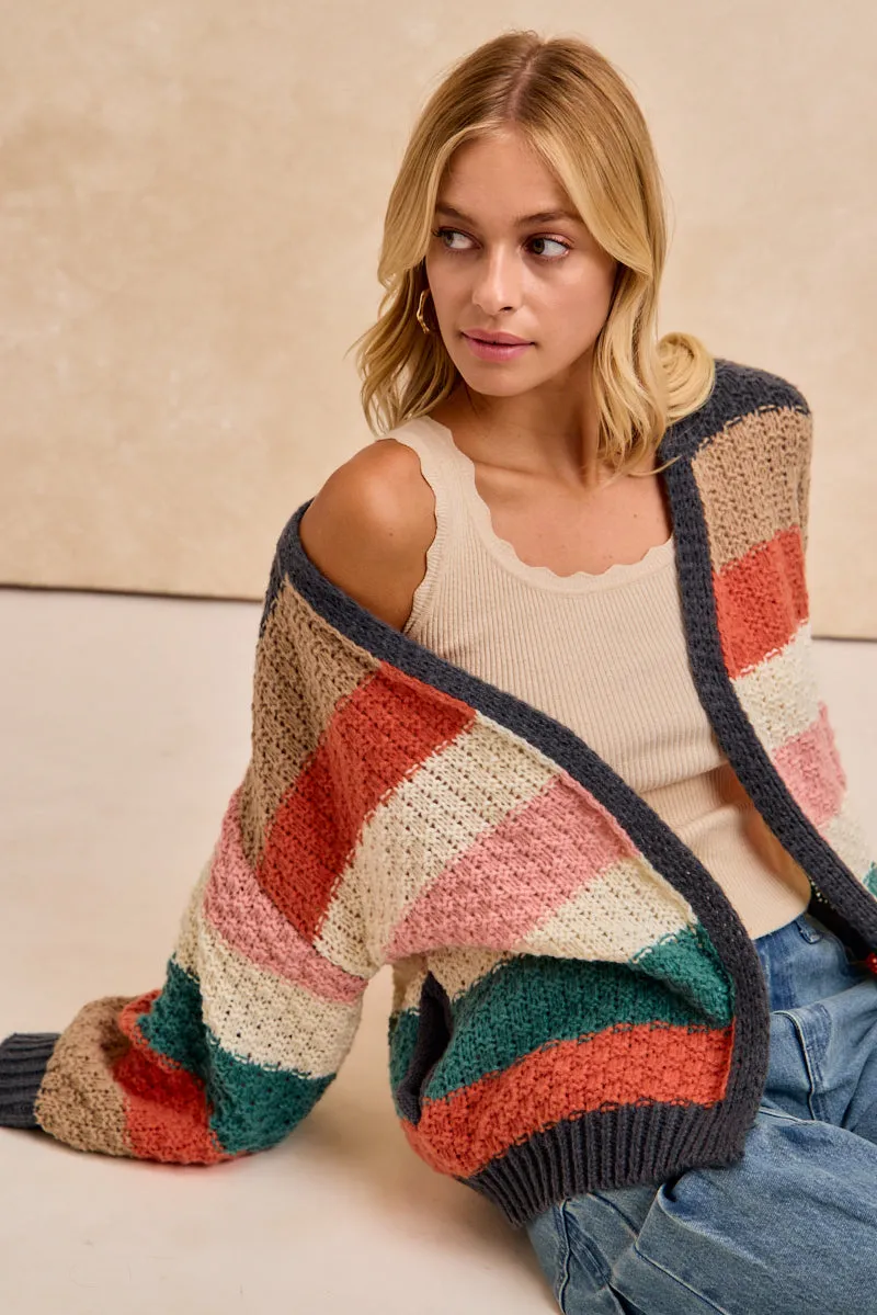 IT4850G-01 | STRIPES COLOR BLOCK CHUNKY SWEATER OPEN CARDIGAN FlexibleHoodDesign