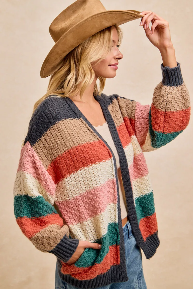 Hollow Fiber Fill IT4850G-01 | STRIPES COLOR BLOCK CHUNKY SWEATER OPEN CARDIGAN