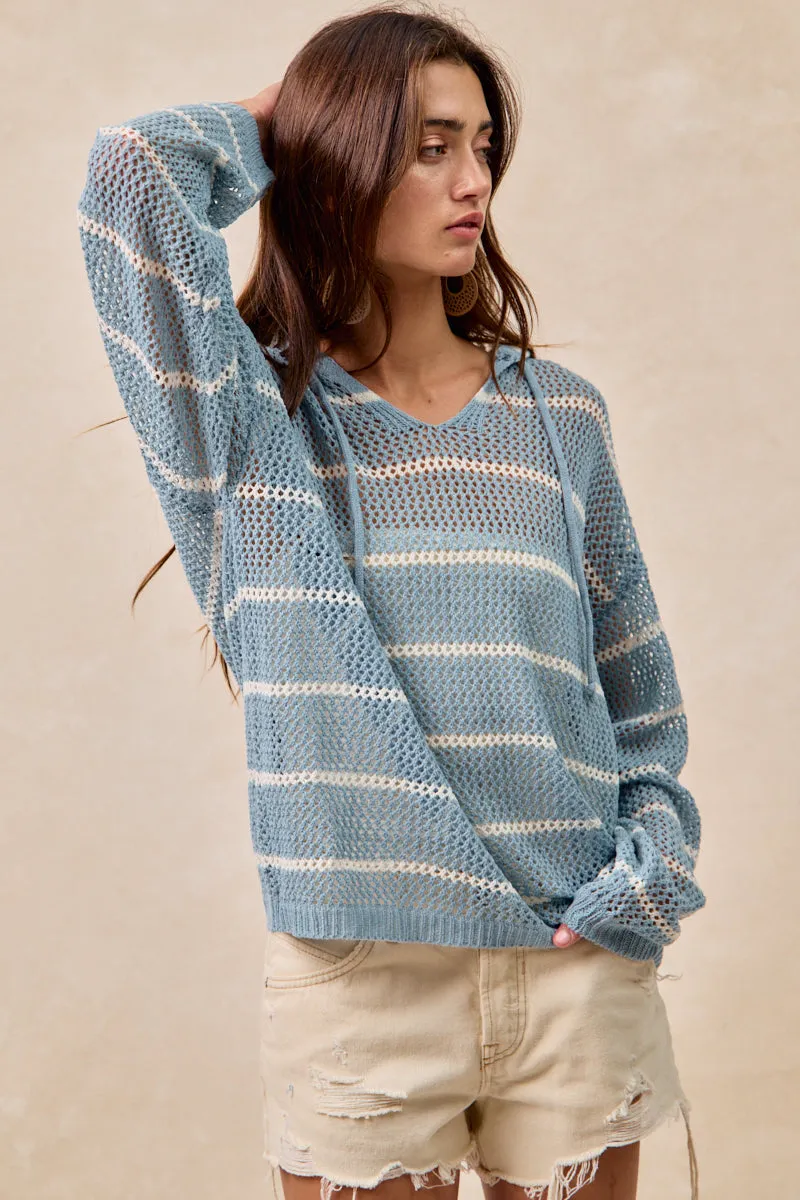 Minimalist Pocket Layout Extra Layer Piece IT4424-01 | RELAXED FIT STRIPE CROCHET KNIT HOODIE TOP