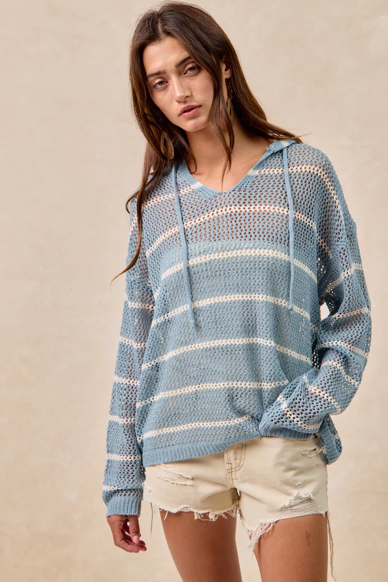 Comfort Flex Fit Modern Drop Tail Hem IT4424-01 | RELAXED FIT STRIPE CROCHET KNIT HOODIE TOP