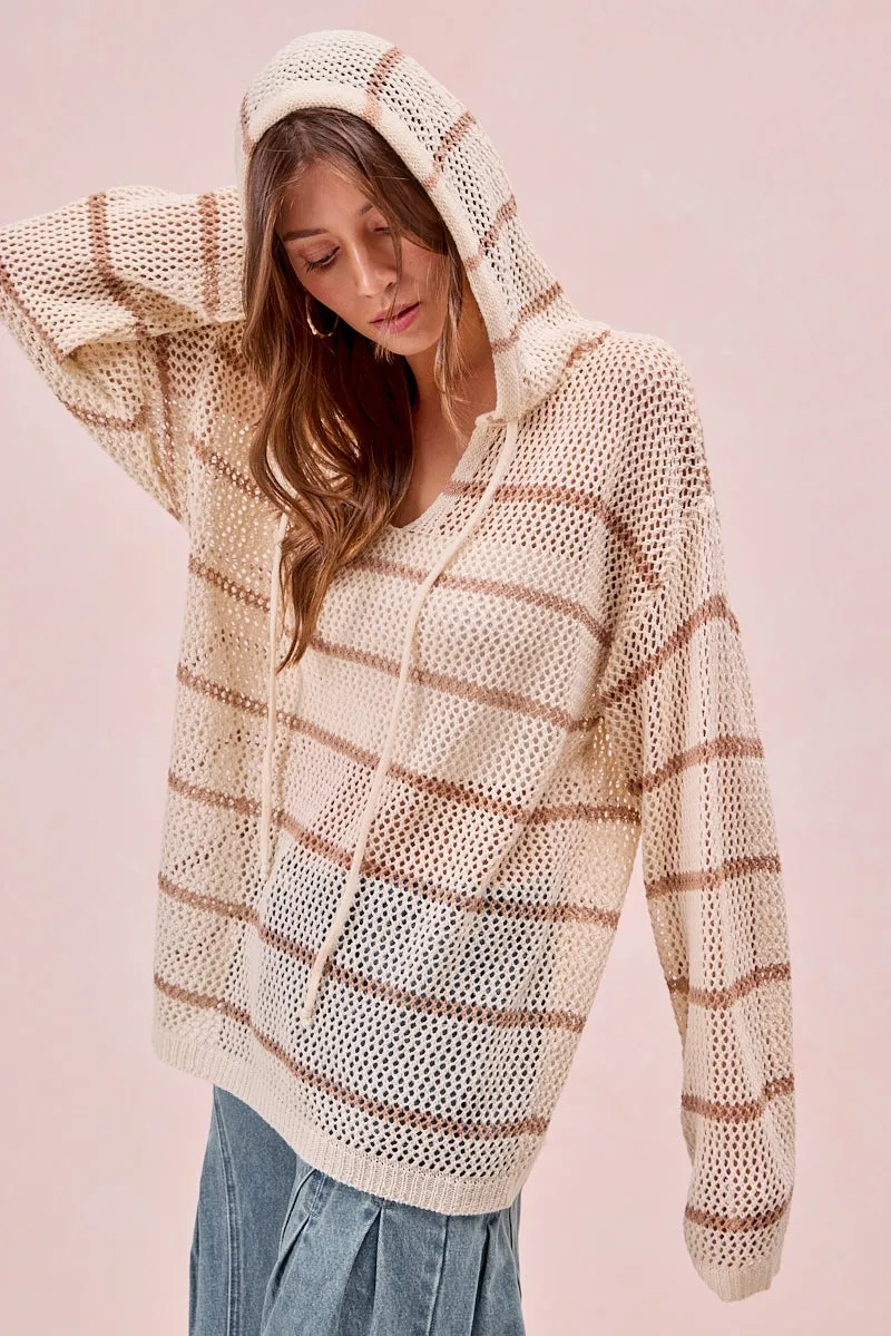 IT4424-01 | RELAXED FIT STRIPE CROCHET KNIT HOODIE TOP Soft Fleece Lining