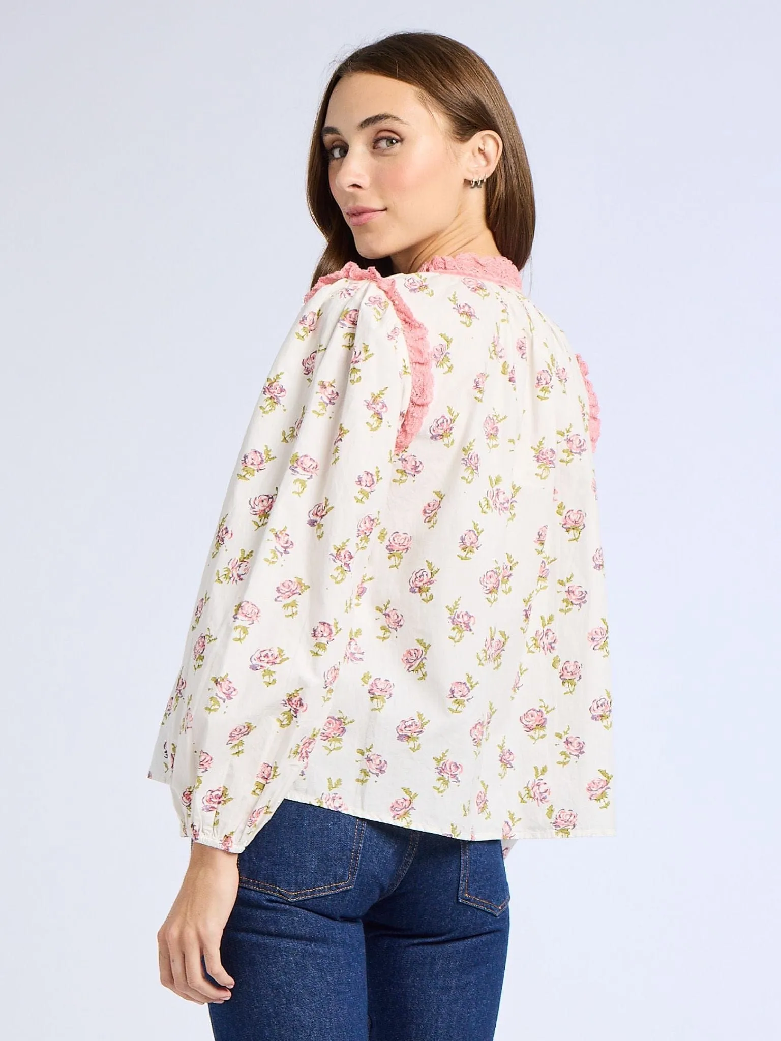 Colette Top in Rose Block Print Lightweight Thermal Scoop Neck Shape