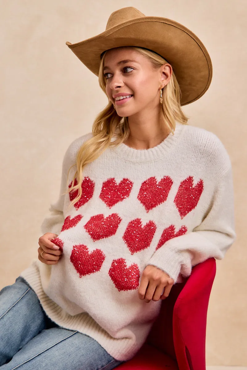 IT4808-01 | VALENTINES HEART ARTWORK GLITTER SWEATER TOP On The Go Fur Trim