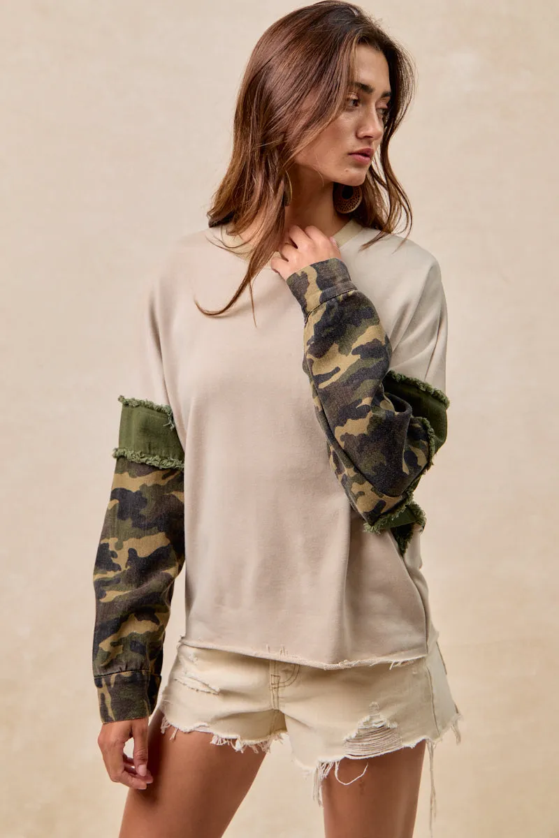 IT4603S-03 | FRENCH TERRY WITH CAMO SLEEVE TOP WITH FRAYED EDGE Mid Season Wear Shrink resistant
