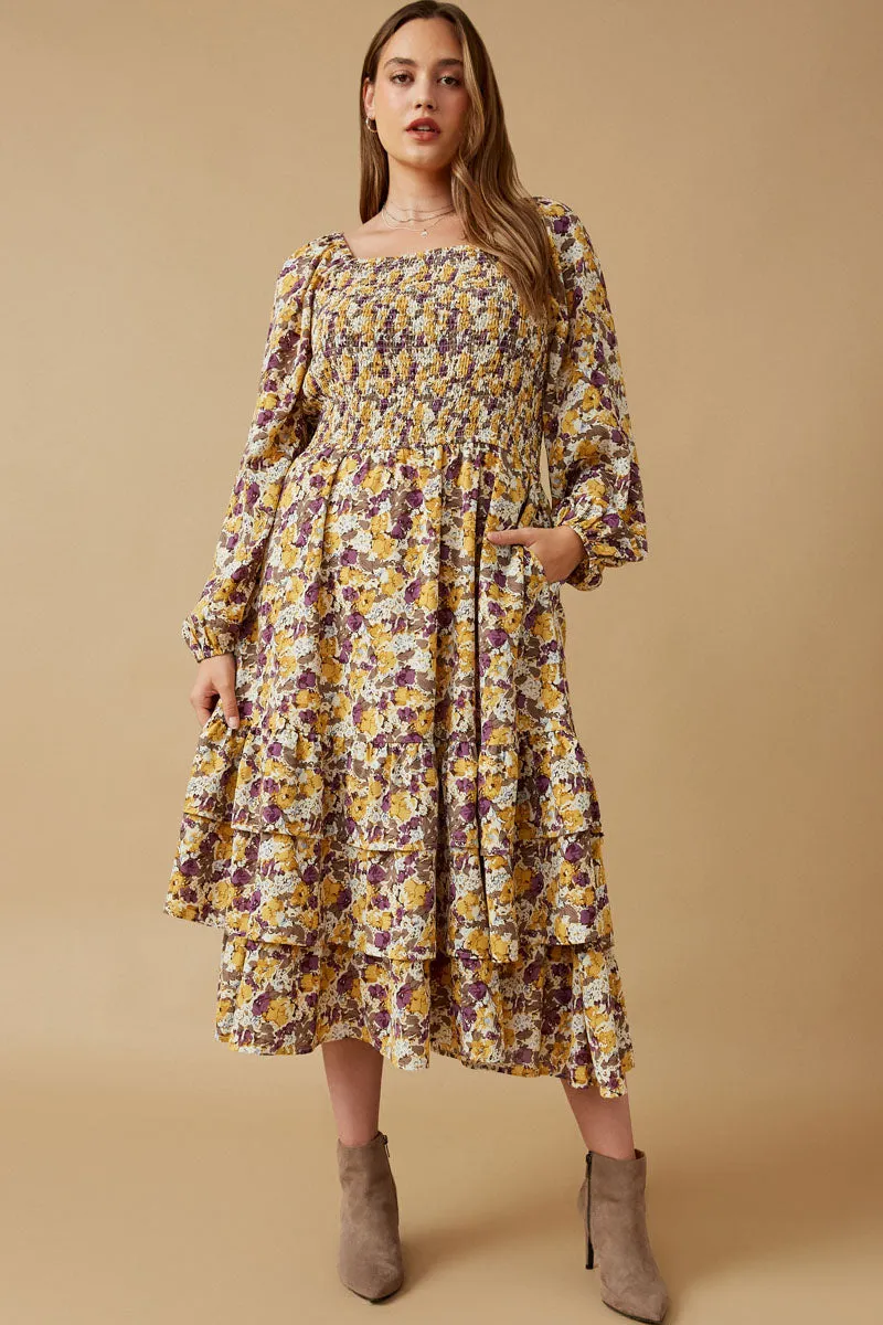 Social Ease Floral Print Smocked Bodice Tiered Dress