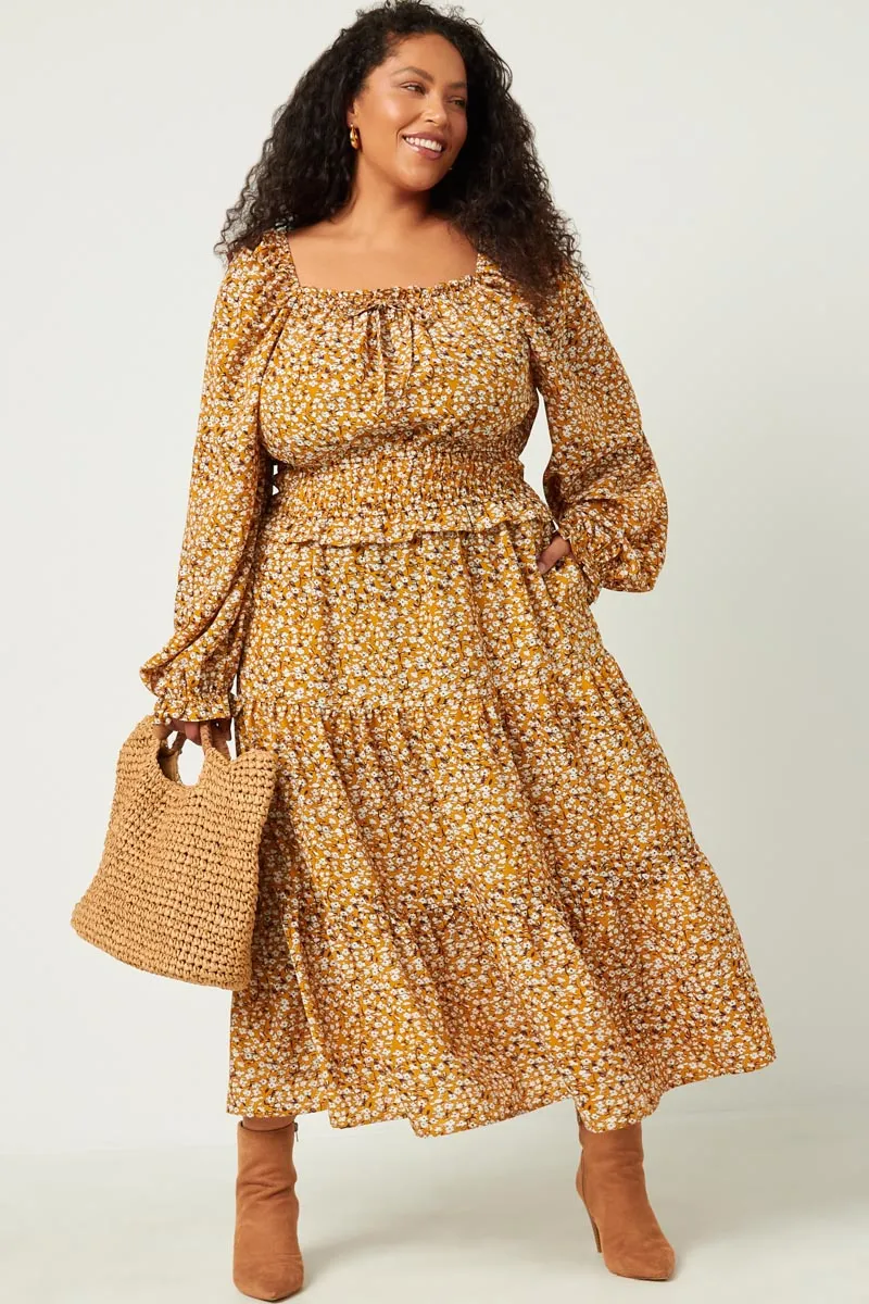 Pure Vibes Smocked Waist Square Neck Floral Midi Dress