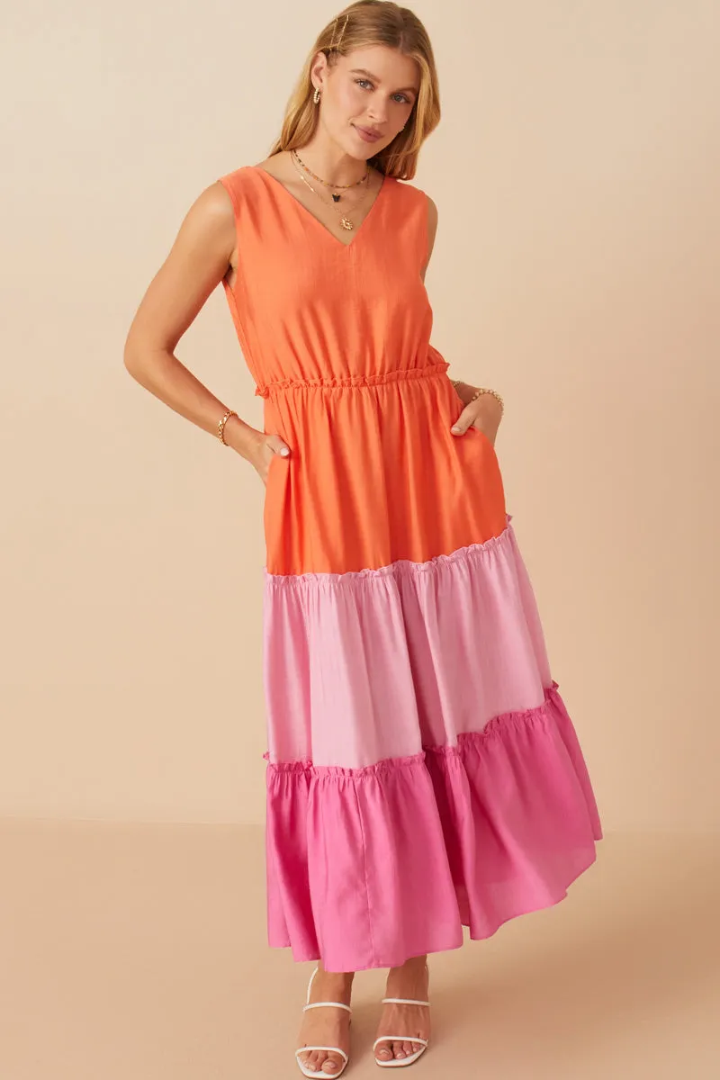 Floor-Length Vivid Tiered Color Block Tank Dress