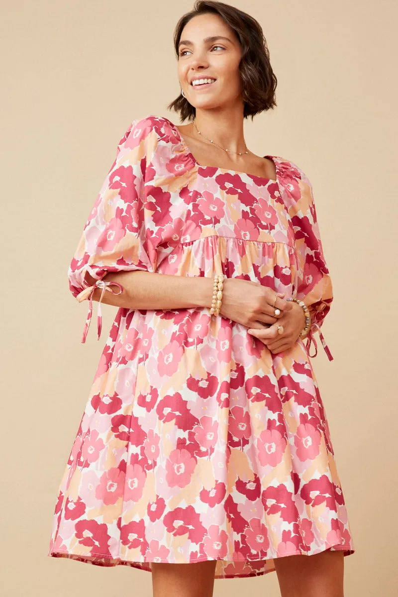FlexibleClosure Large Floral Square Neck Puff Sleeve Dress