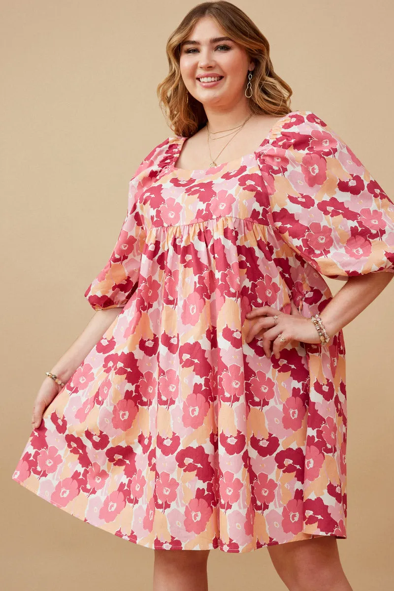 Large Floral Square Neck Puff Sleeve Dress Understated Elegance