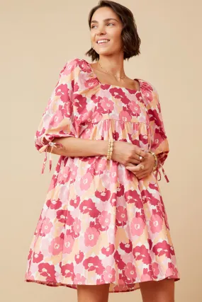 Resort-Wear Bless Touch Large Floral Square Neck Puff Sleeve Dress