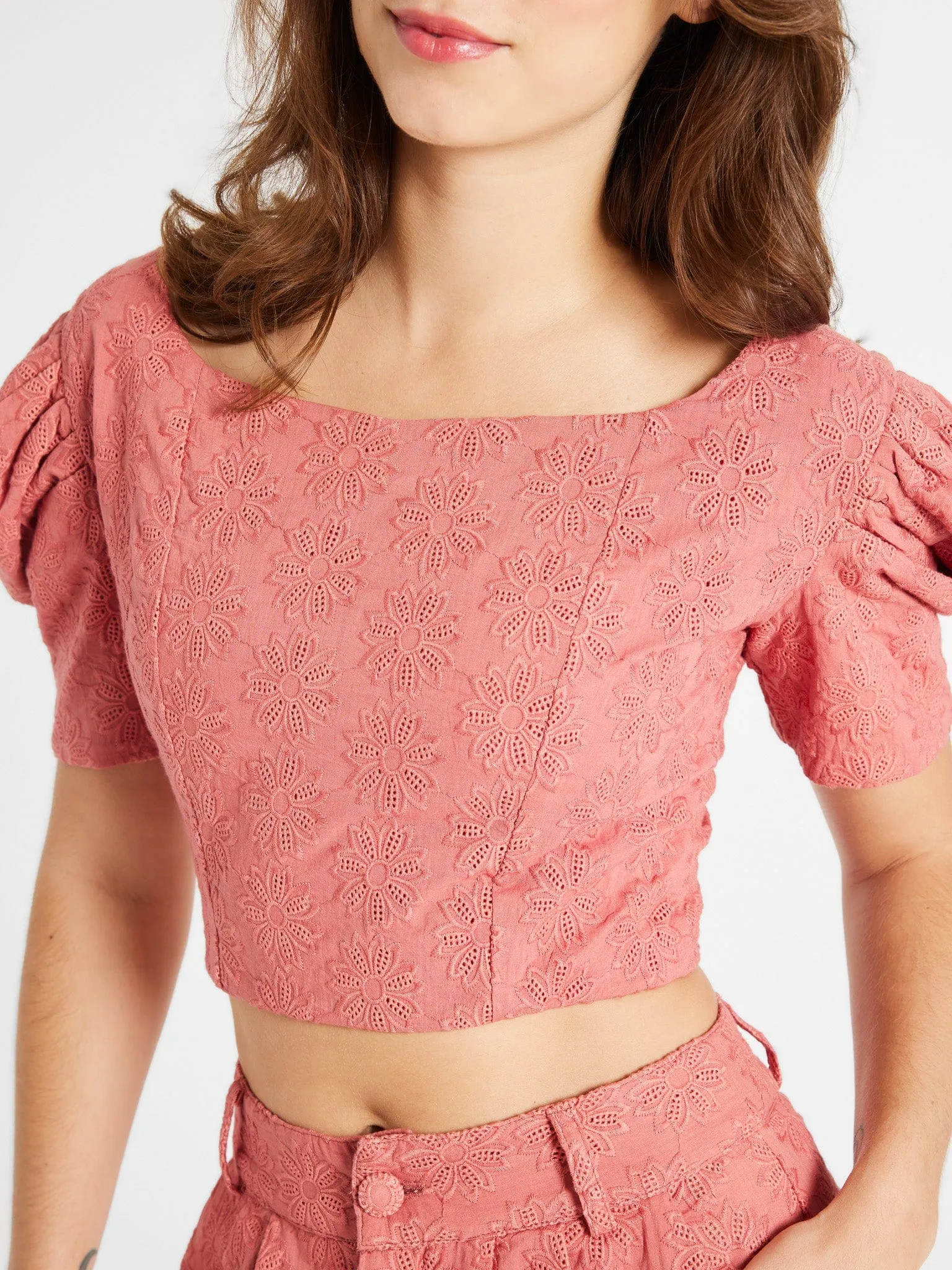 Weighted Hem Trim Layered Panel Design Coco Top in Rosewood Eyelet
