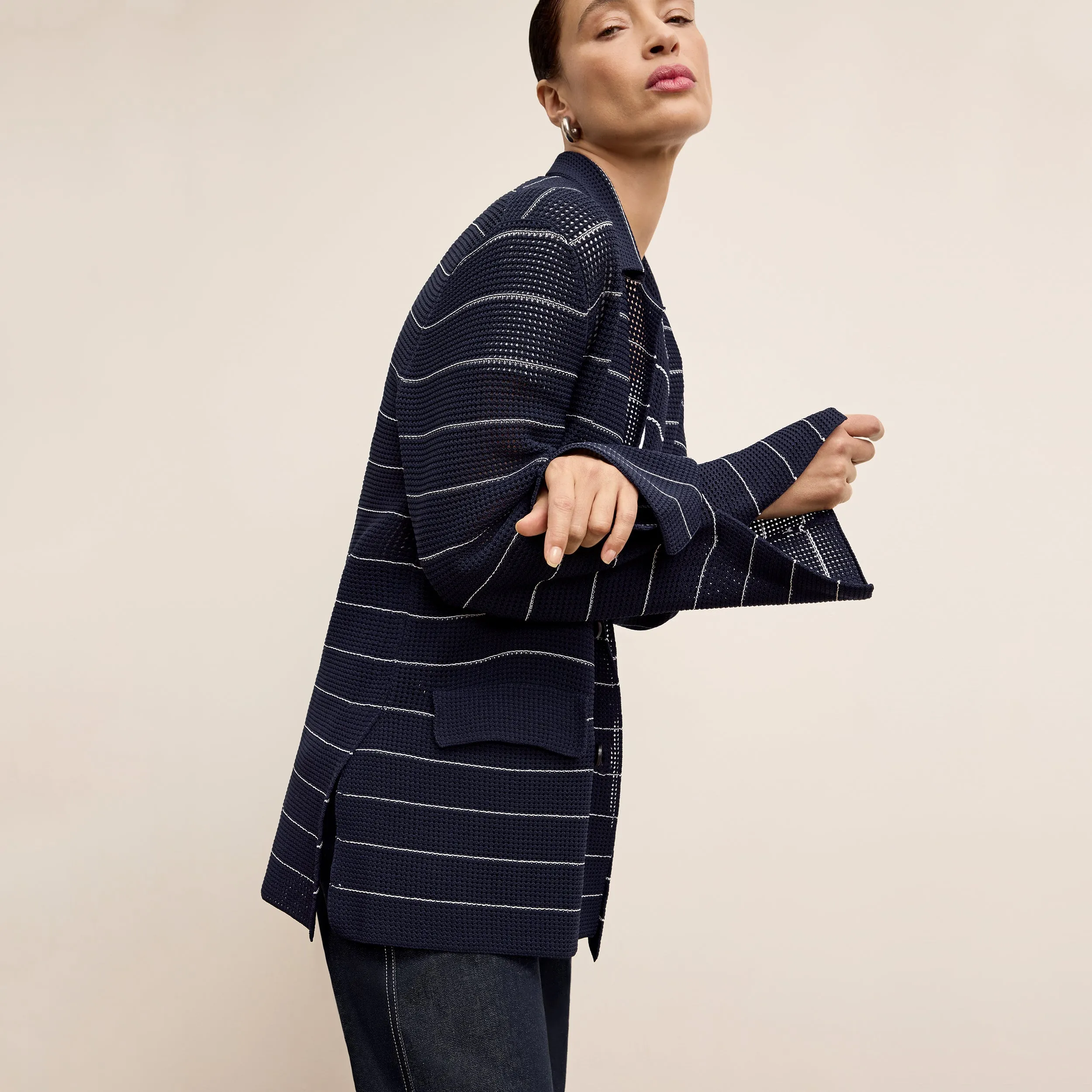 Cody Boyfriend Jardigan - Dot Jardigan Knit :: Dark Navy/Ivory Elasticized Edging SoftInnerLayer