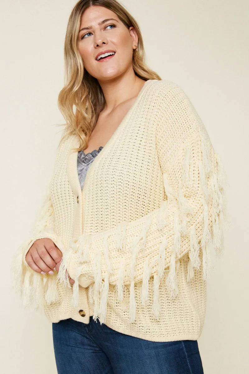 Button-Down Fringe Knit Sweater Functional Fit Elegant Evening