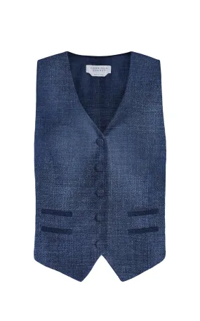 Flattering Drape Bonded Seam Durability Coleridge Vest in Denim Virgin Wool Silk with Linen