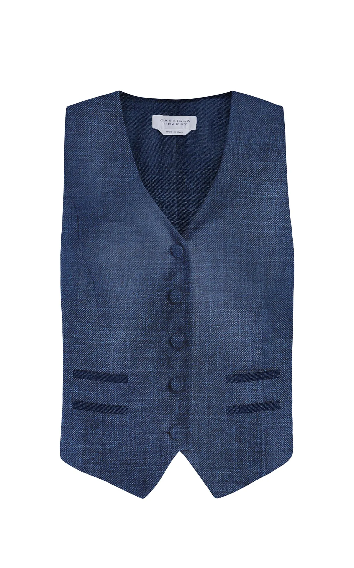 Flattering Drape Bonded Seam Durability Coleridge Vest in Denim Virgin Wool Silk with Linen