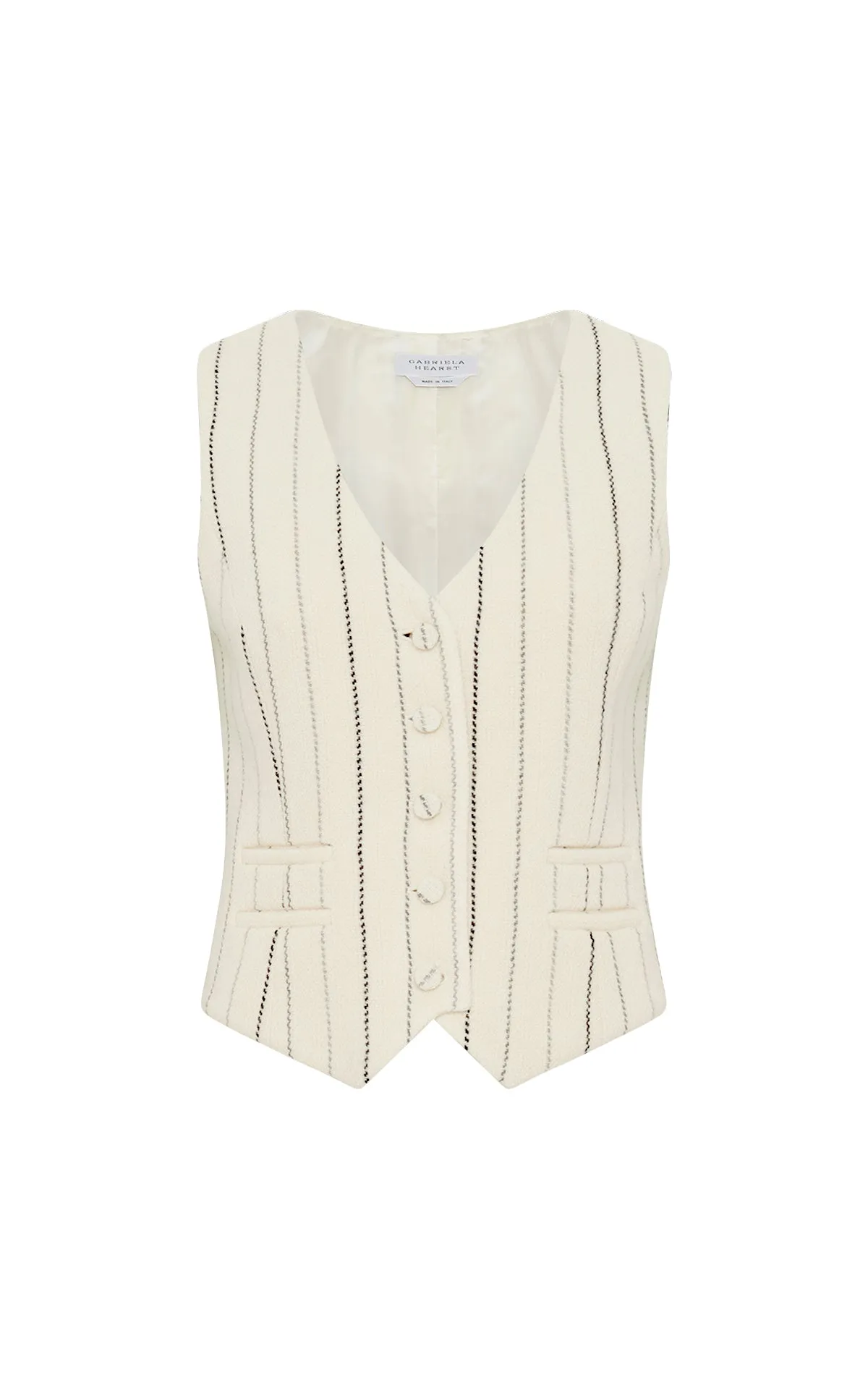 Coleridge Vest in Ivory Multi Pinstripe Wool Cashmere Adjustable Collar System Breathable Lining
