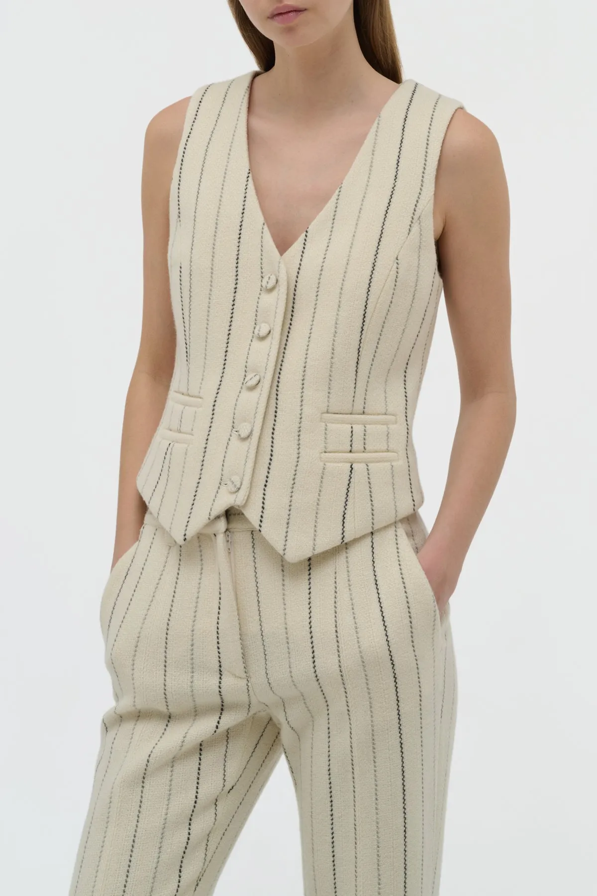 MoistureWickingTechnology AntiSnag Fabric Coleridge Vest in Ivory Multi Pinstripe Wool Cashmere