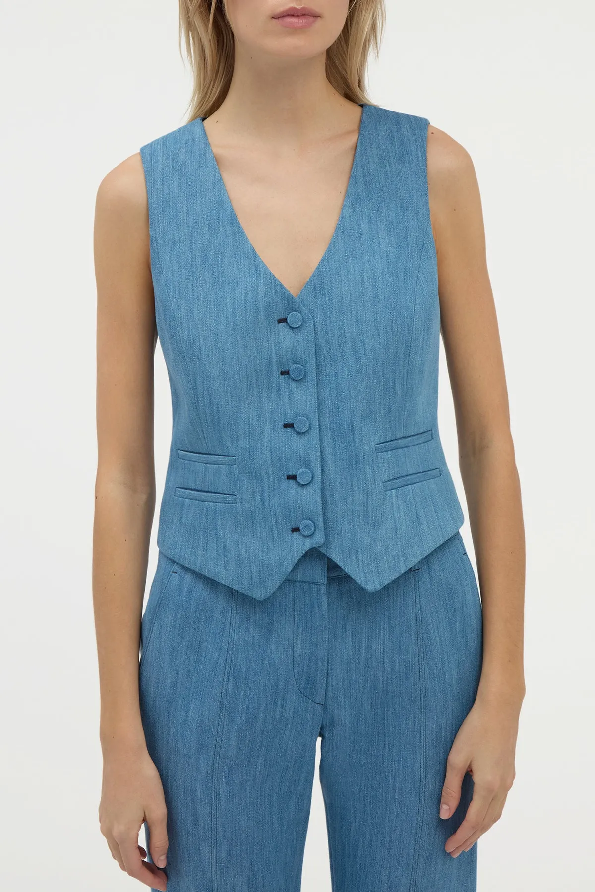 Coleridge Vest in Medium Blue Recycled Cotton Linen Denim All Purpose Casual Cut LowMaintenanceFabric
