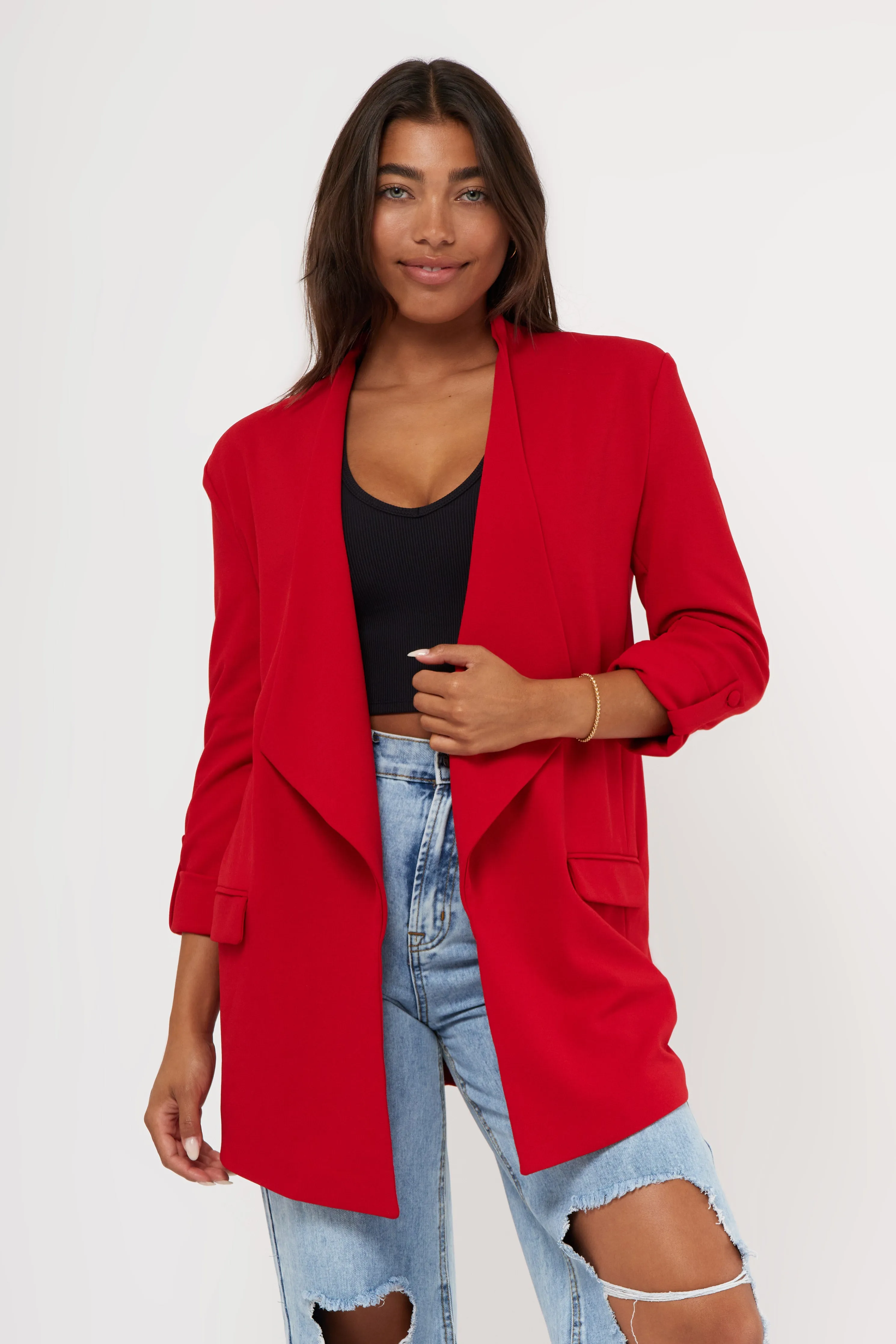 Cascade Front Knit Crepe Blazer Abrasion Resistant Surface Fleece Inside