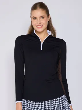 AntiStatic Treatment HypoallergenicMaterial Color Block Trim Quarter Zip Long Sleeve Top In Black
