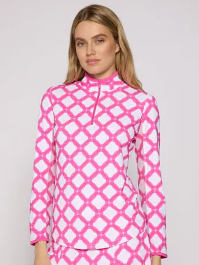 Color Block Trim Quarter Zip Long Sleeve Top In Circle Geo Hot Pink Double Layered Fabric NonIrritating Stitching