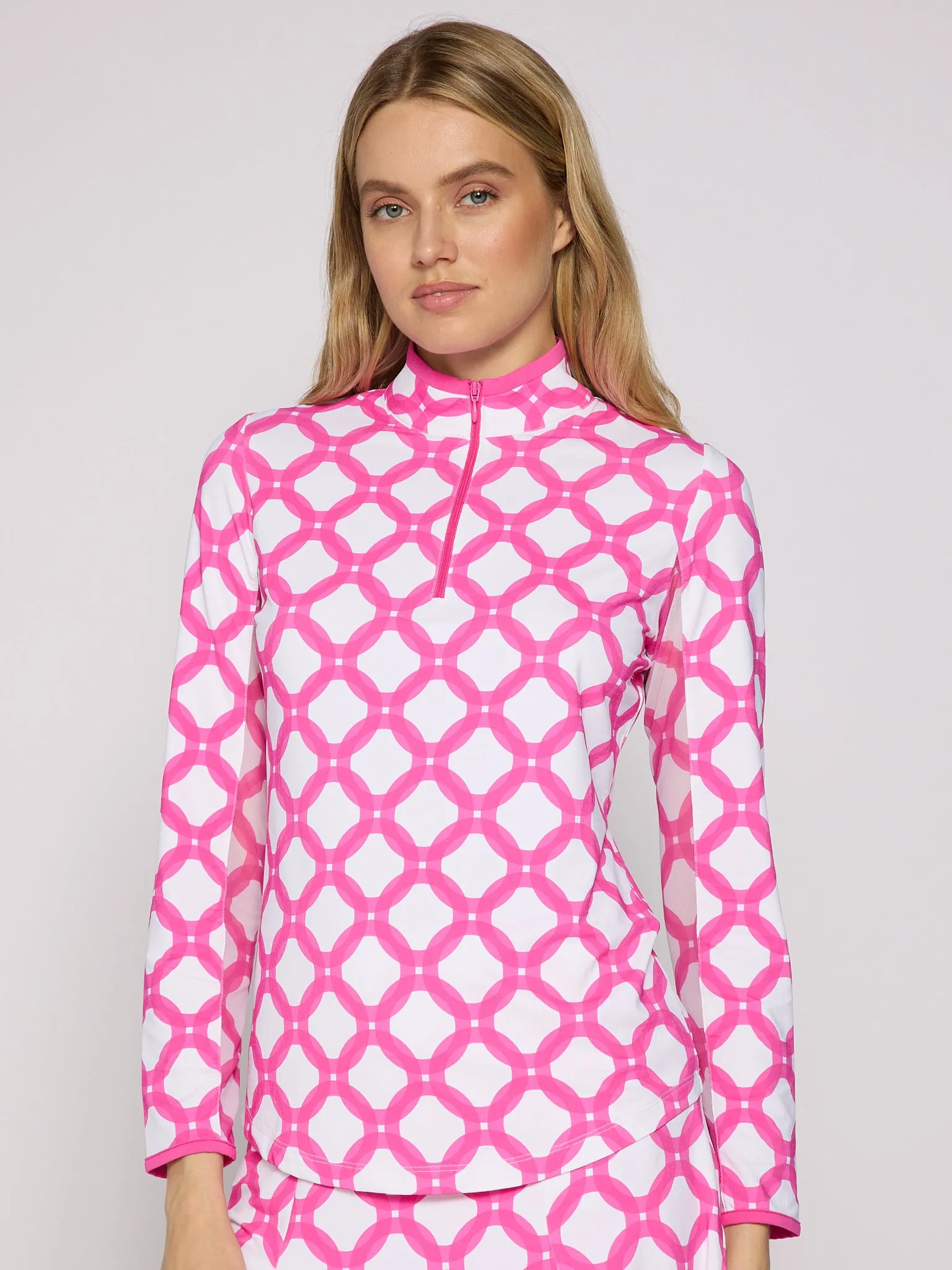 Color Block Trim Quarter Zip Long Sleeve Top In Circle Geo Hot Pink AdjustableCuffSystem NonFadeFinish