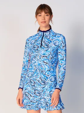 Color Block Trim Quarter Zip Long Sleeve Top In Mandala Blue Laser Cut Edges