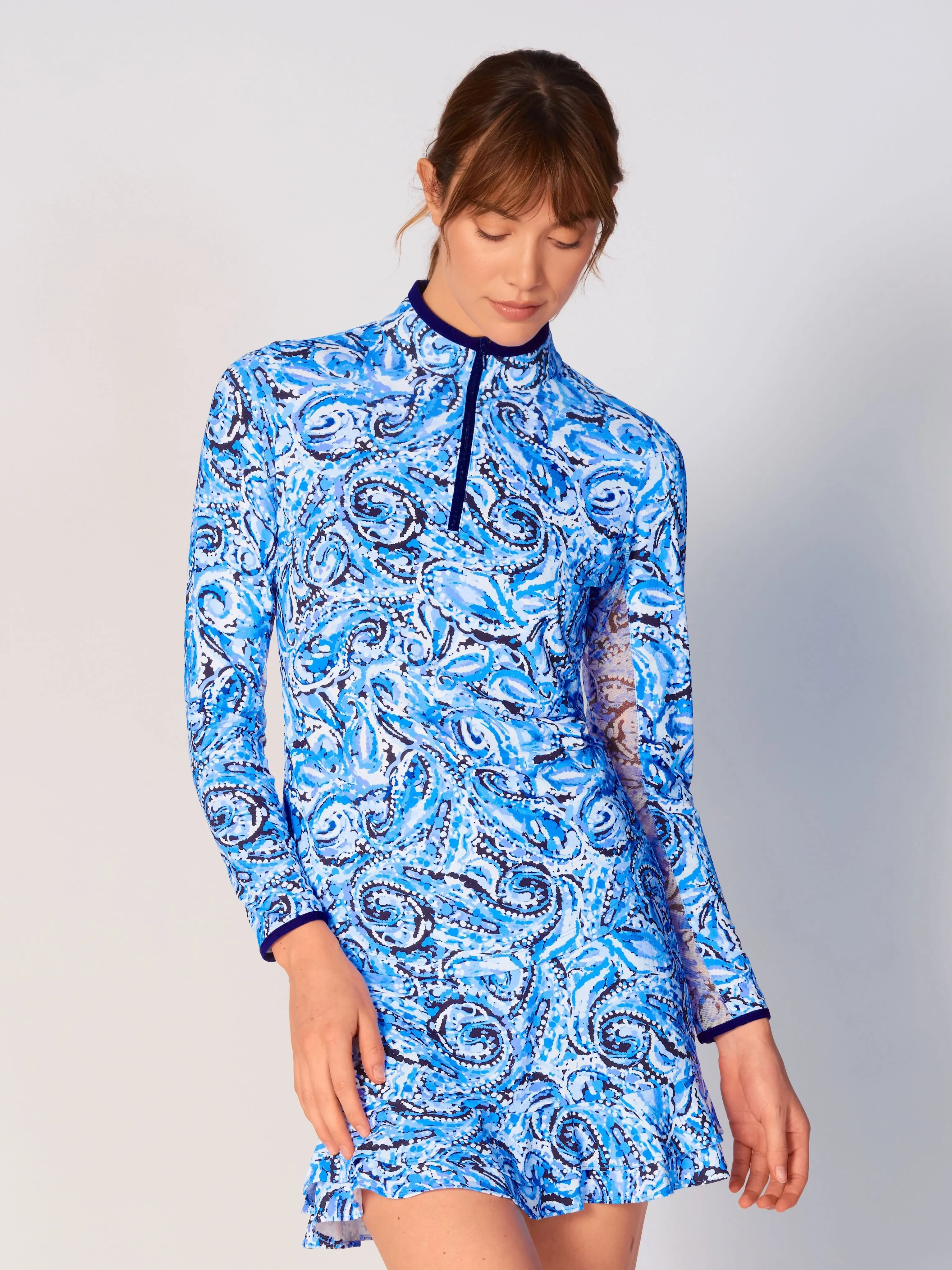 AntiStatic Coating Color Block Trim Quarter Zip Long Sleeve Top In Mandala Blue