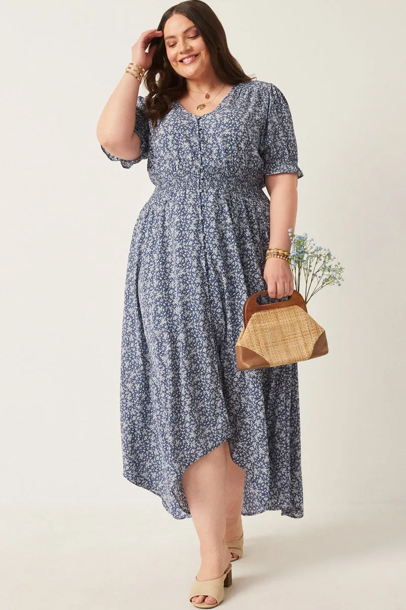 Ditsy Floral Buttoned Maxi Dress Pleated-Skirt Office Fit