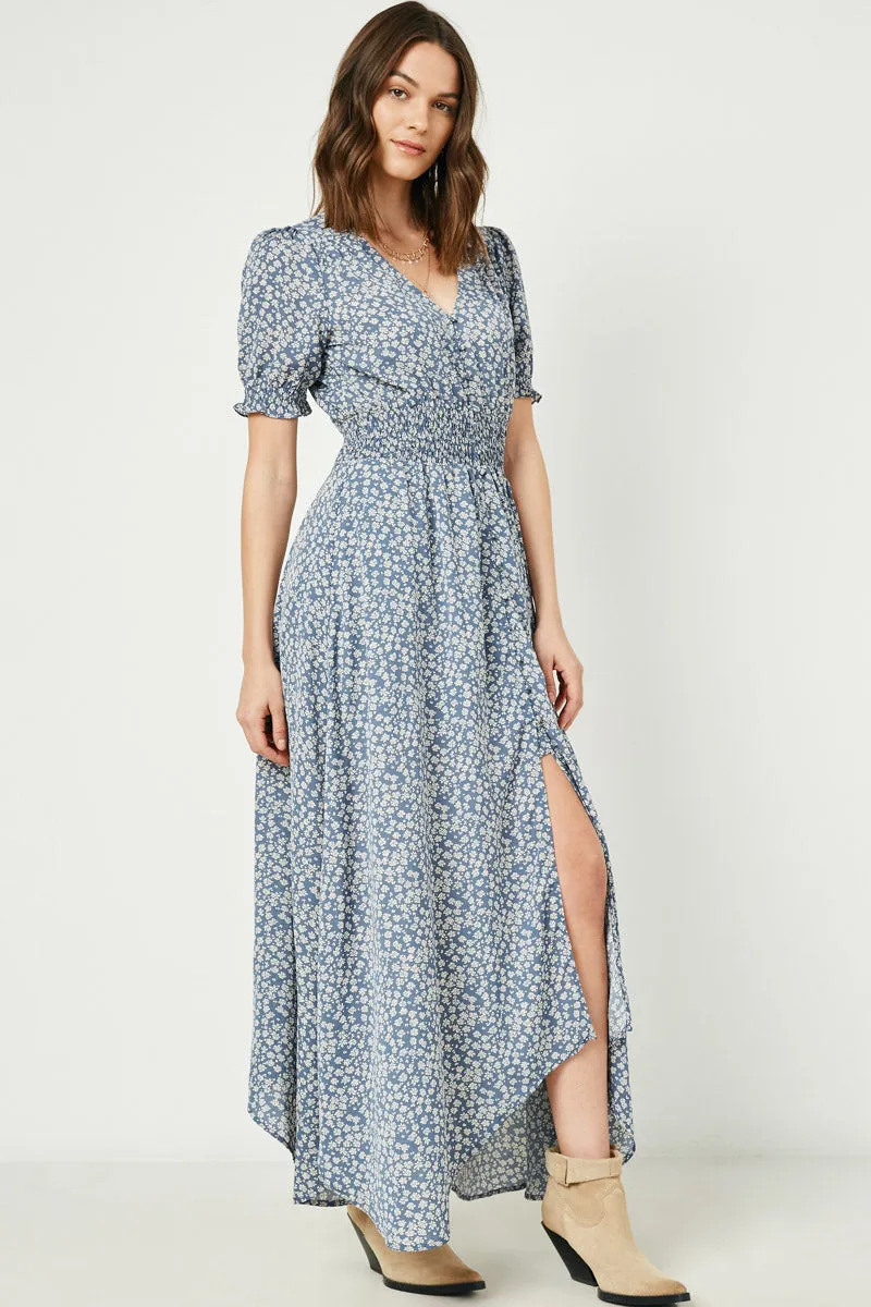 Ditsy Floral Buttoned Maxi Dress Glossy-Finish Low-Waist