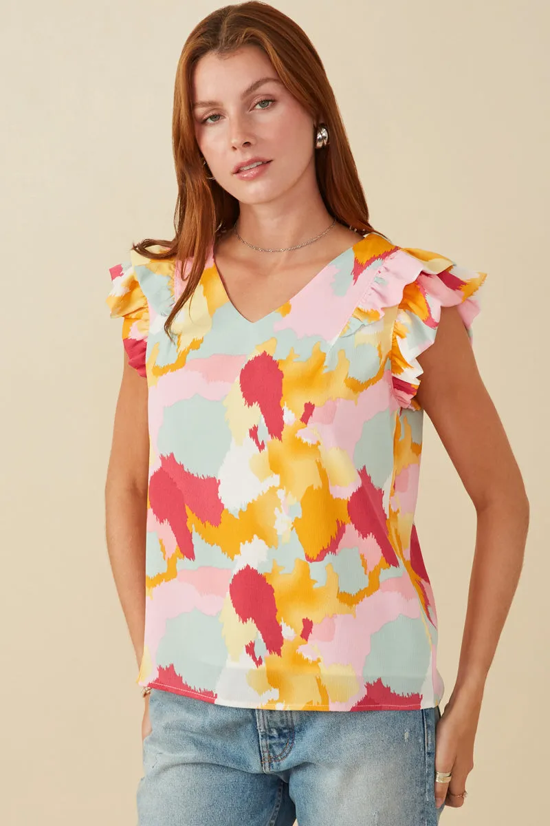 Abstract Print Ruffle On Ruffle V Neck Tank Tunic top DurableDoubleLayeredHem