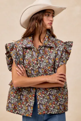 Profile Enhancer Stud-Detail IP8573S-08 | FLOWER PRINTED PUFFER VEST WITH RUFFLED DETAIL