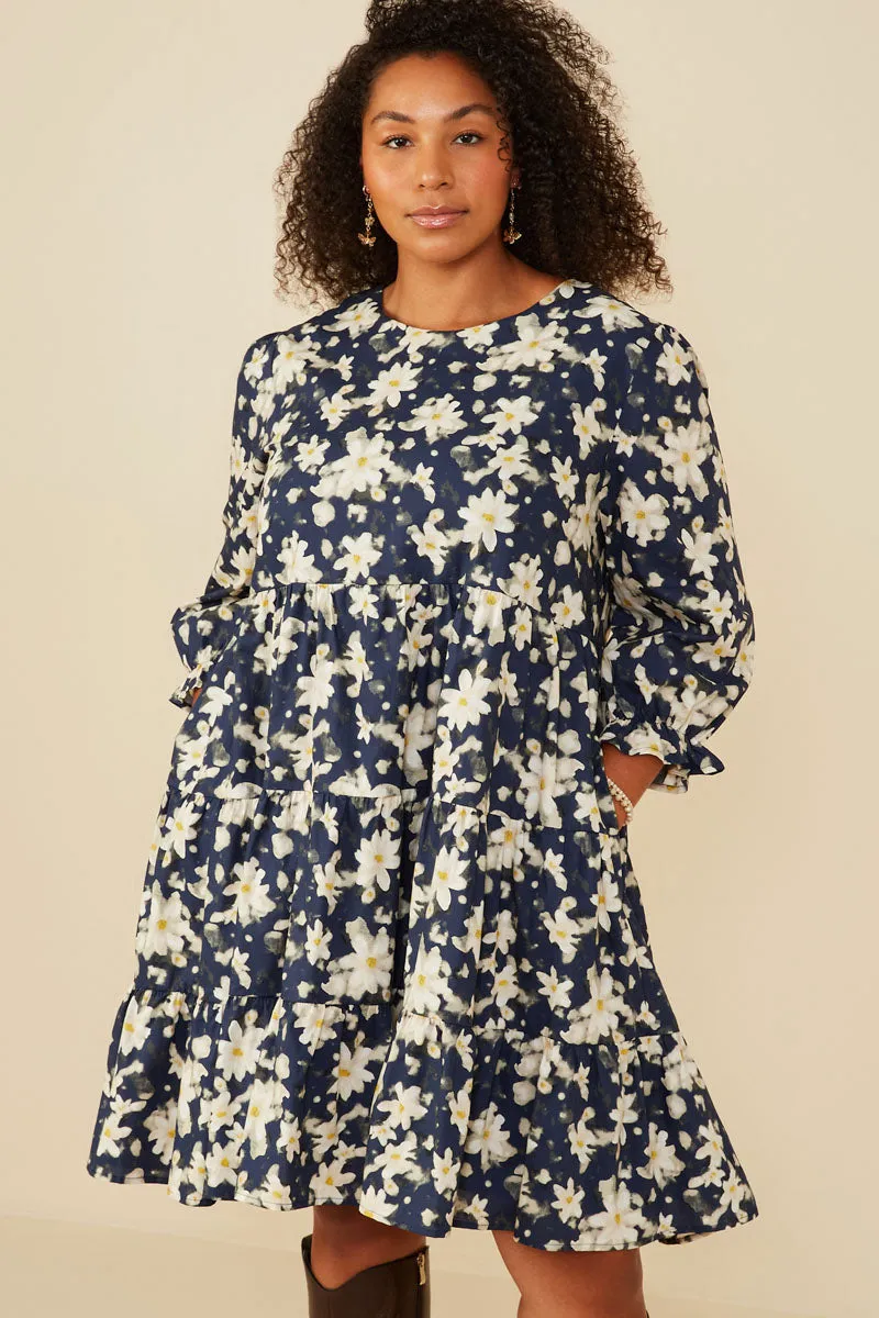 Gradient Shade Floral Print Tiered Cinch Sleeve Dress