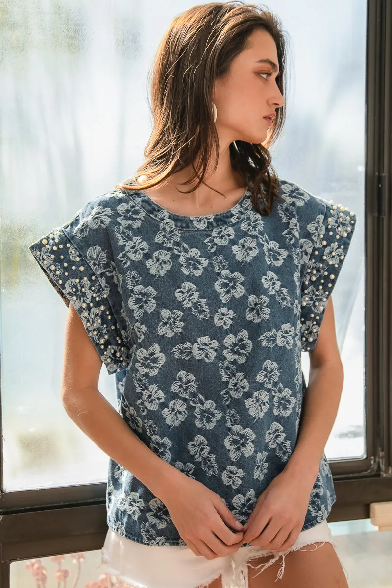 IP9387R-03P | WASHED FLORAL TEXTURE DENIM AND PEARL TRIM SLEEVE TOP Detachable Layers Rugged Style