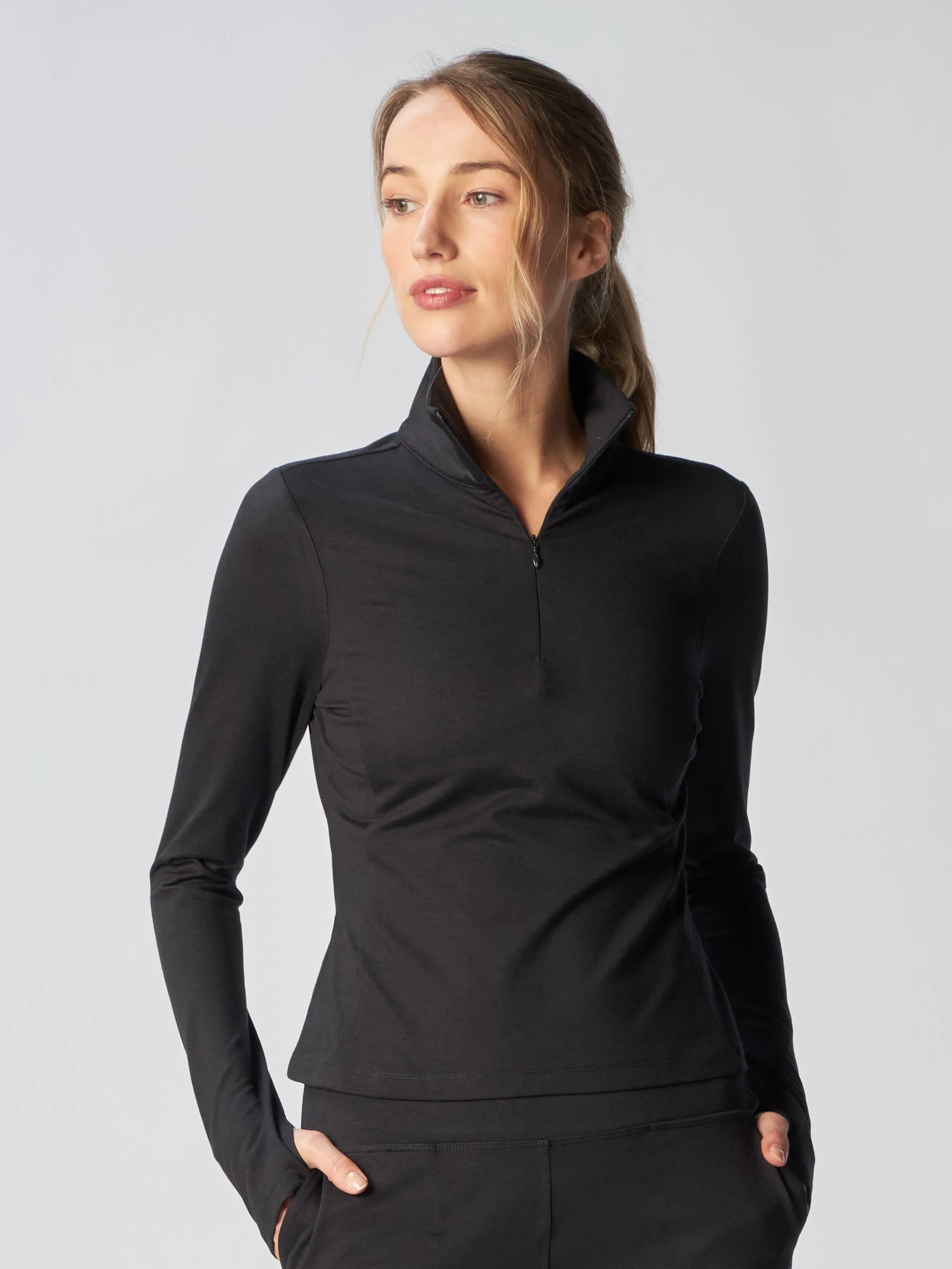 Layered Hemline Quarter Zip Long Sleeve Top in Black