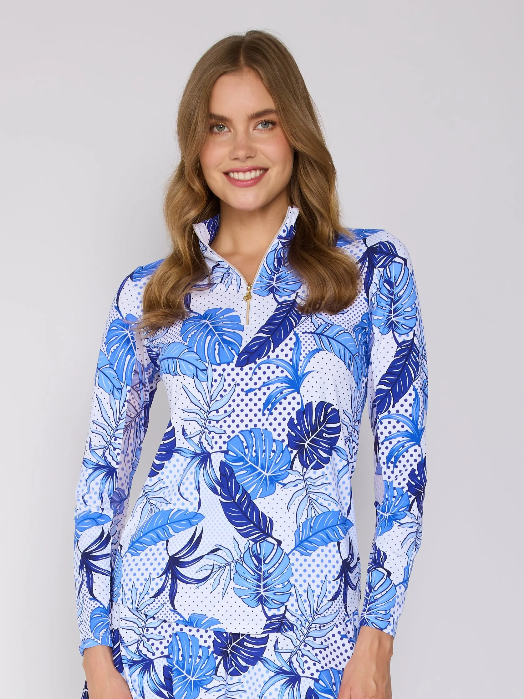 ReflectiveTrimDetails SmoothZipper Quarter Zip Sun Protection Top In Blue Oasis