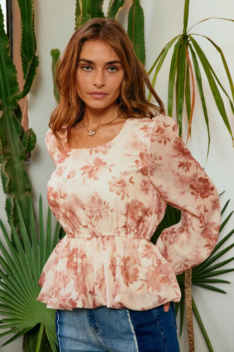 Satin Floral Long Sleeve Peplum Top Stretch Fit Top