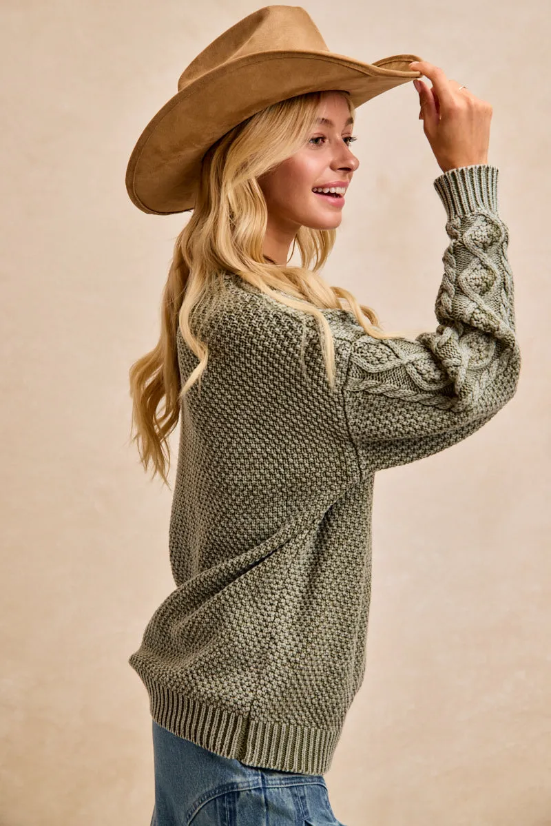 WeightedHem AdjustableDrawstring IT4738G-01 | WASHED CABLE KNIT SLEEVES TEXTURED SWEATER TOP