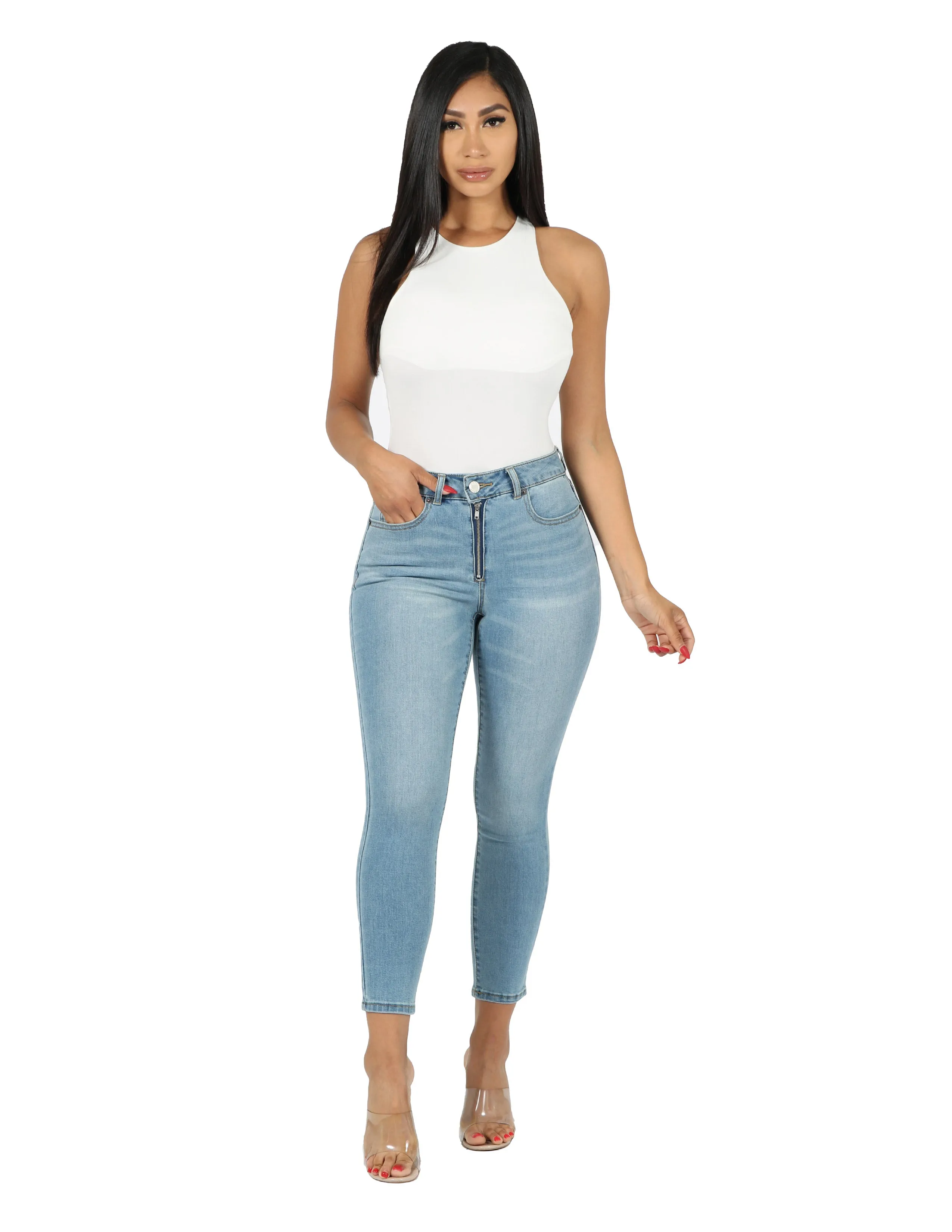 High Rise Skinny with Exposed Zipper Fly Ankle Pant Wardrobe Essential Temperature Regulating