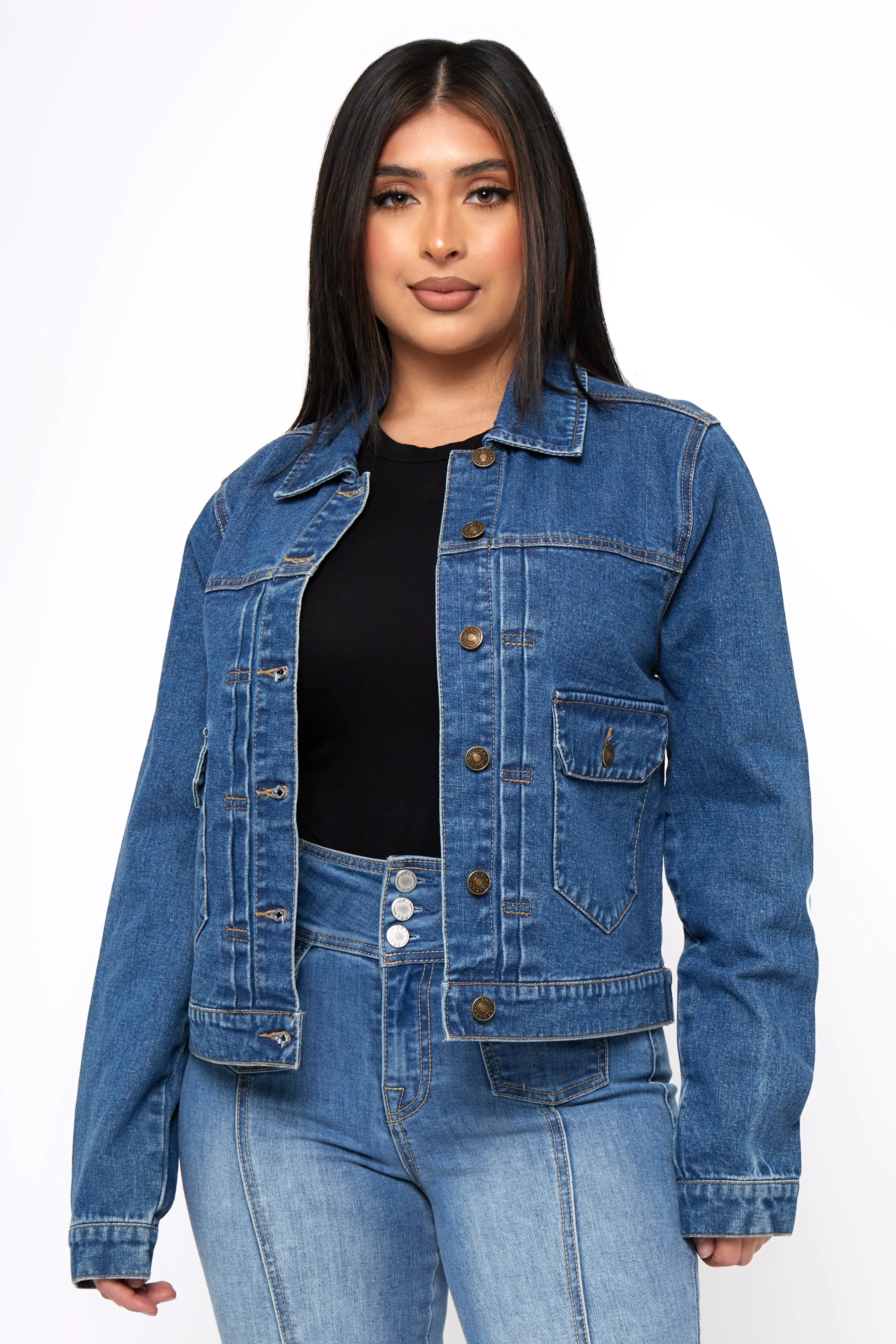Denim Jacket with Patch Pockets Collar Stabilization System