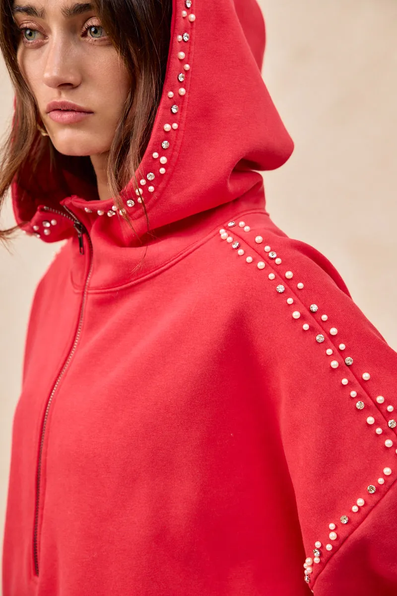 IP8347S-60 | BRUSHED TERRY HALF ZIP UP HOODIE TOP WITH JEWELED MultiAngleVentilation Non Restrictive Cut