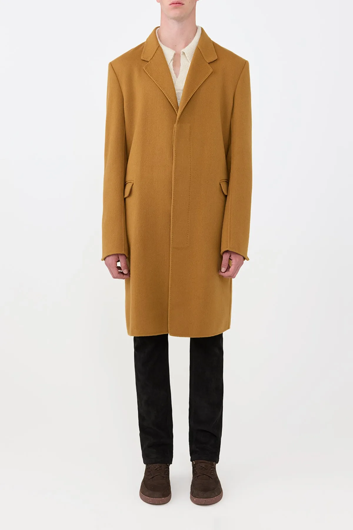 Strong Zip RibbedKnitCollar Peter Coat in Yellow Ochre Double-Face Recycled Cashmere