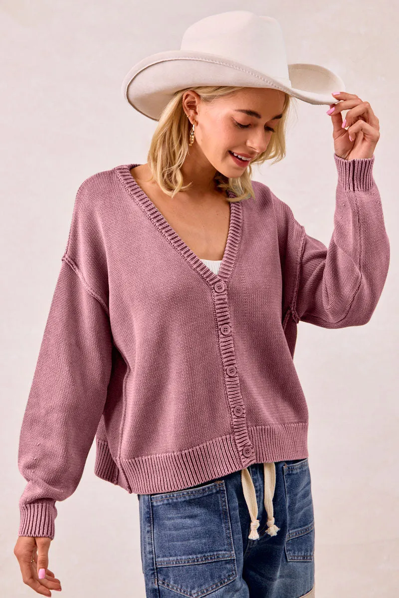 IT4509-01 | WASHED SWEATER V NECK CARDIGAN Reinforced Elbow Panels