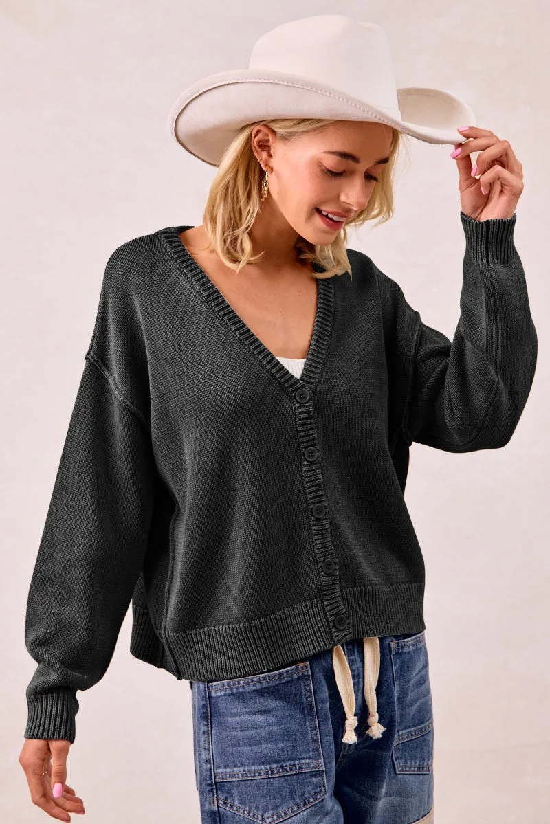 IT4509-01 | WASHED SWEATER V NECK CARDIGAN Cozy Texture