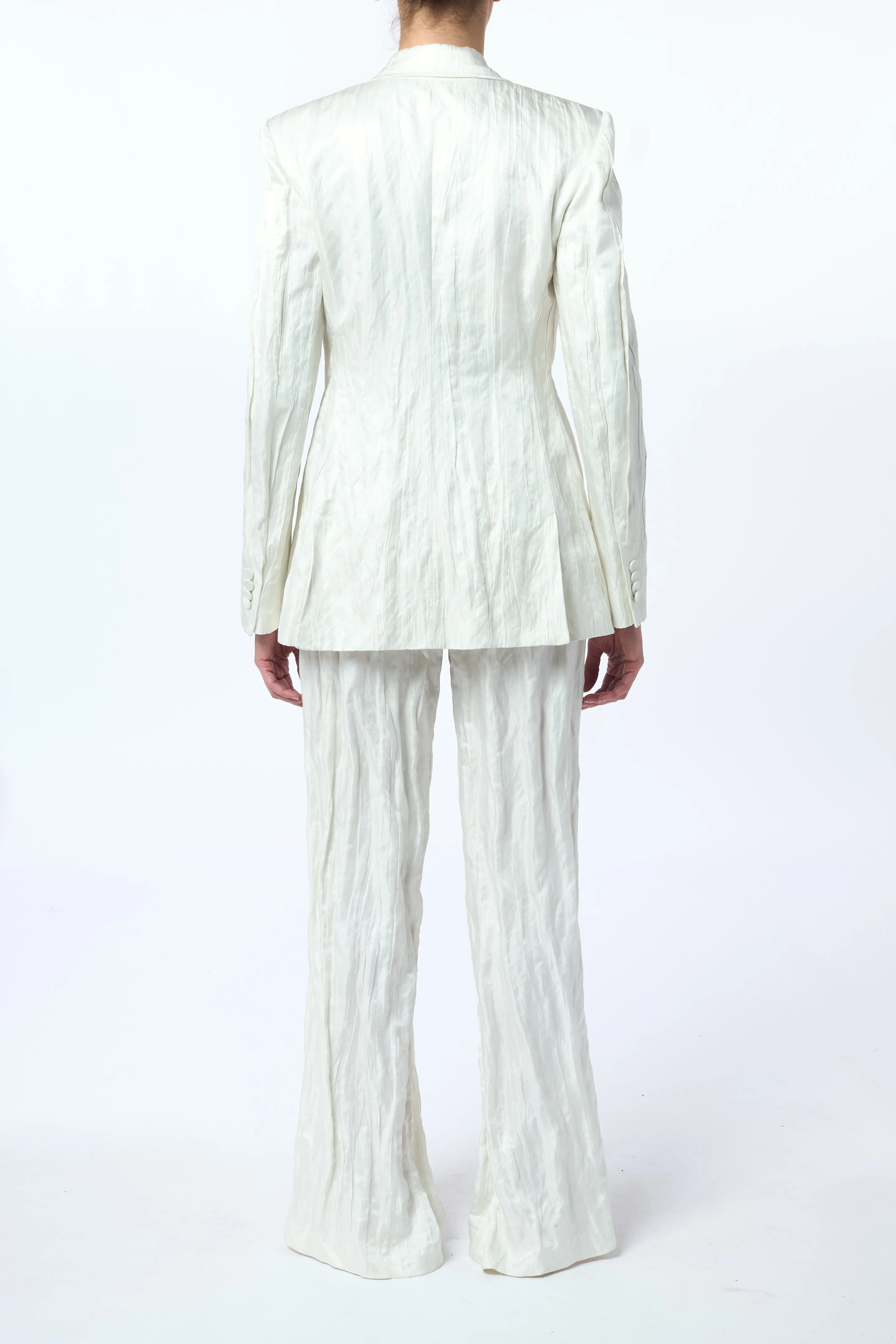 Ergonomic Cut GarmentWashed Texture Mairi Blazer in Ivory Metallic Crinkled Silk